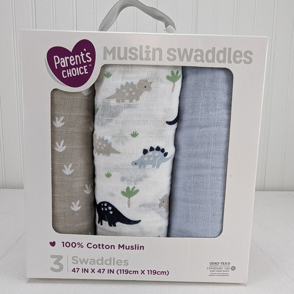 Parent's Choice 3 Muslin Swaddles Dinosaur Theme 47" x 47" Cotton Baby Boy New